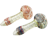 Two clear glass water pipes with multicolored swirls, one featuring red and orange stripes and the other blue, red, and green stripes, set against a plain white background.