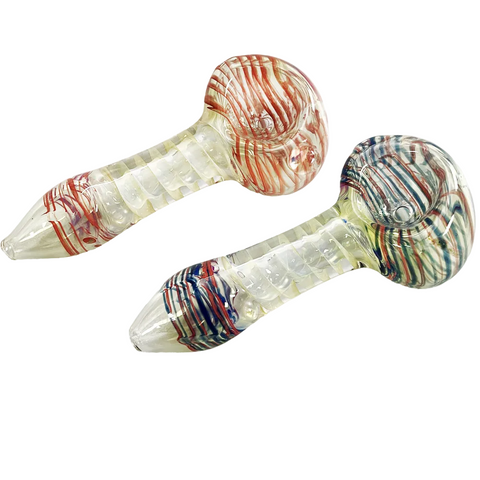 Two clear glass water pipes with multicolored swirls, one featuring red and orange stripes and the other blue, red, and green stripes, set against a plain white background.