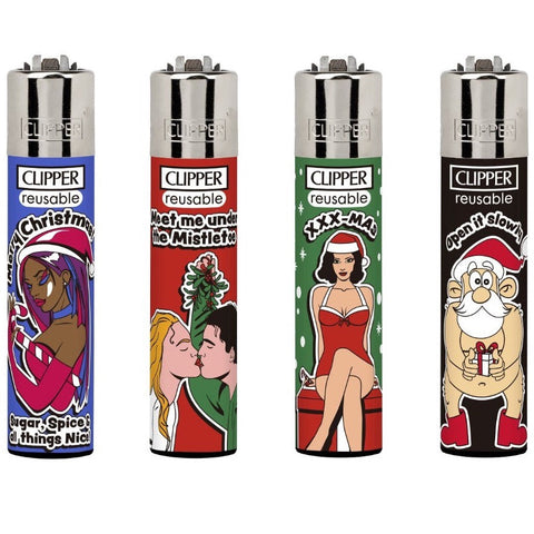 Four reusable Clipper lighters with colorful Christmas-themed cartoon illustrations on a plain white background.