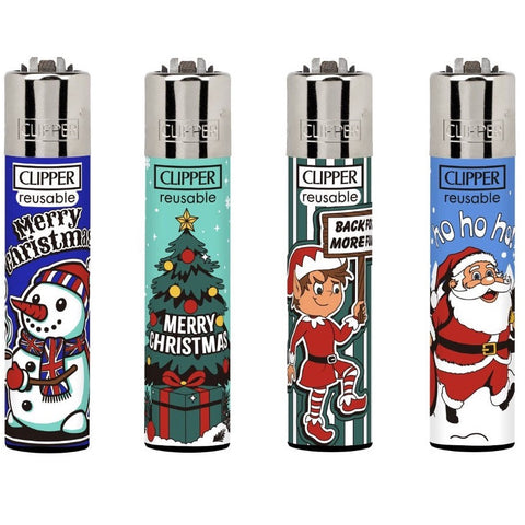 Four reusable Clipper brand lighters with Christmas-themed designs, including a snowman, a Christmas tree, an Elf on the Shelf, and Santa Claus, shown on a plain white background.