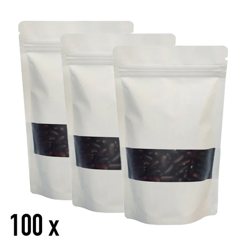 100 x 3.5g Mylar Bags - Matte White Window - Stand Up Pouch