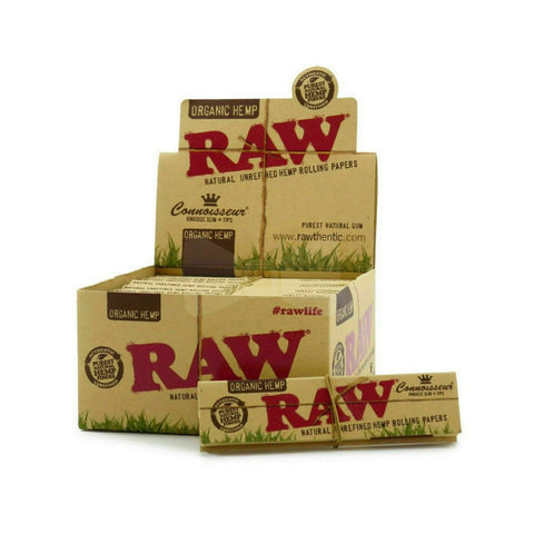 Raw - Organic Hemp - Connoisseurs - King Size Slim Papers with Tips - Box of 24