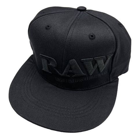 Raw Flat Snapback Cap - Black Embroidered Logo Hat